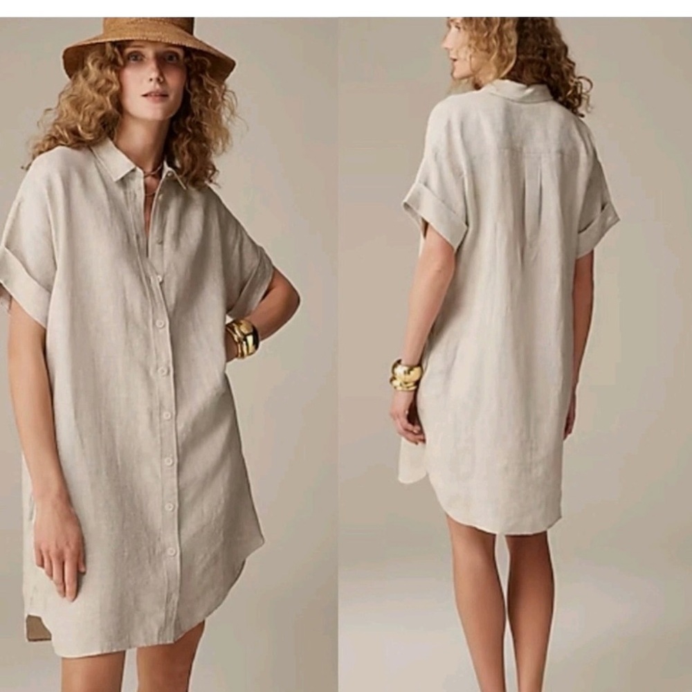 J. Crew Short-Sleeve Button-Down Linen Shirt Dress - Light Beige